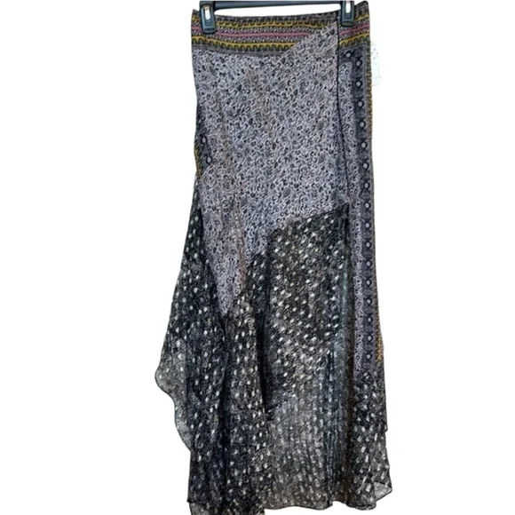 Free People Boho Gypsy Black White Asymmetrical Split Hem Sheer Maxi Skirt 4 XS - Picture 6 of 16